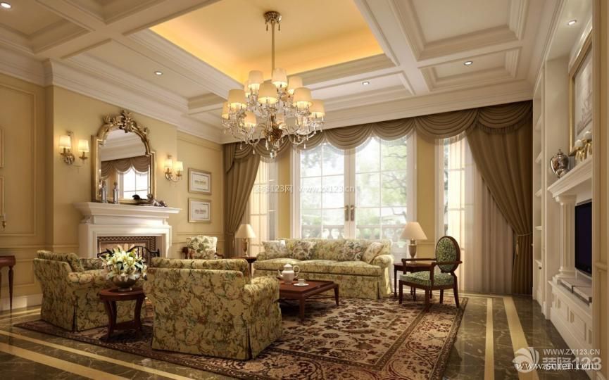 客厅装修 客厅装饰 客厅装修设计 电视背景墙设计 电视背景墙 沙发背景墙 暗花壁纸 欧式窗帘 纯色窗帘 吊顶设计 吊顶造型 客厅吊顶 射灯 灯带 欧式吊灯 壁灯 台灯 地垫 波打线 杂色地砖 电视柜 木质茶几 边几 角几 组合沙发 布艺沙发 欧式沙发 沙发椅 墙面设计 墙面壁纸 装饰画 黄色墙面 镜子 壁炉 落地窗 